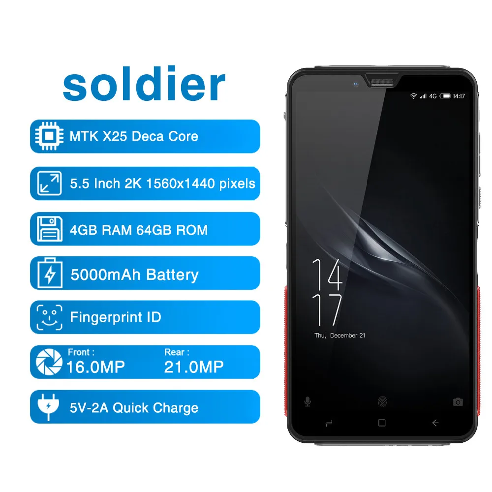 Elephone Soldier 5 Inch 2 K экран IP68 водонепроницаемый мобильный телефон Android 8 0 MTK X25 Deca Core 4 GB
