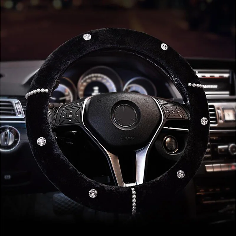 

New Pearl Rhinestones Plush Fur Steering Wheel Covers Diamond Crystal Car Steering Wheel Cover Winter Interior Car Accessories