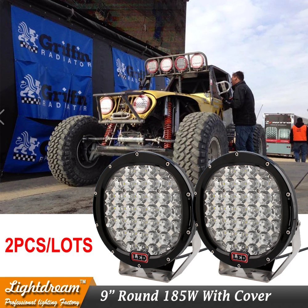 9 inch Round 185W LED driving light Spot Flood 12V 24V 4WD ATV UTE SUV offroad Car Tractor Boat Fog Offroad Lamp with cover x2pc
