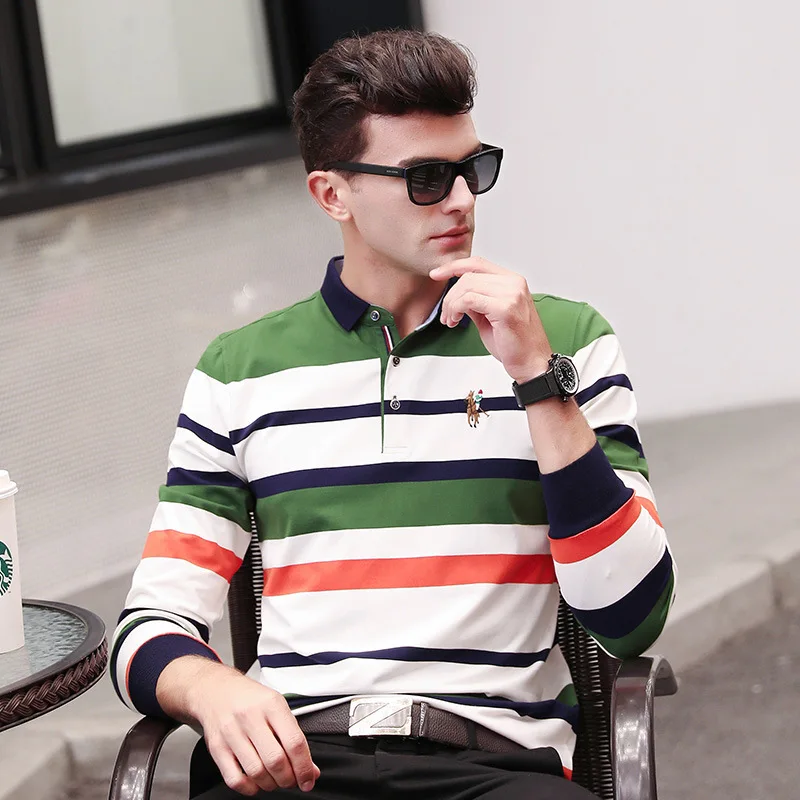 2019 Automne Hommes de Bande мужские поло chemise En Coton A Manches Longues Revers купить за год | Мужская одежда