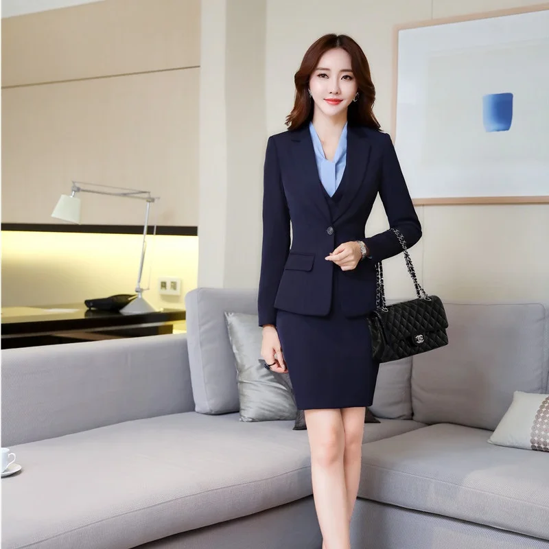 

Elegant Blue Formal Ladies Uniform Styles Blazers Suits With Jackets And Dress Women Business Work Wear Blazer Outfits Set