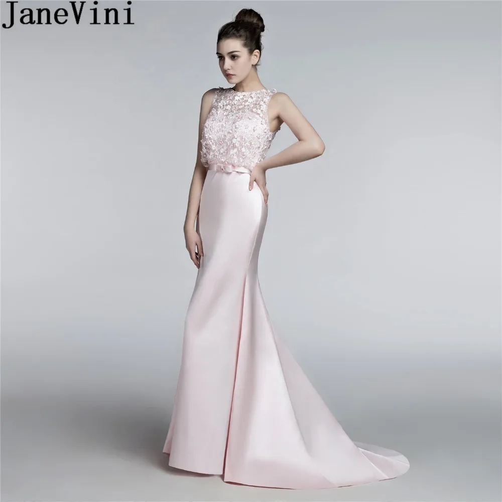 

JaneVini Elegant Pink Flowers Mermaid Bridesmaid Dresses Long Satin Beaded Wedding Party Dresses For Women Lace Sweep Train Gown