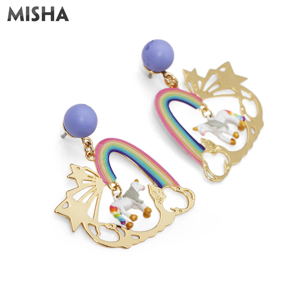 MISHA Модные серьги для женщин ручной работы эмалированные глазурованные единорог Радуга ювелирные серьги для девушек Подарок
