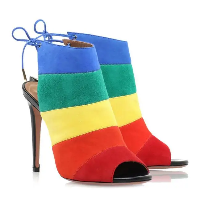 Online Kualitas Tinggi Warna Campuran Gladiator Sandal Wanita Peep Toe Kembali Mengikat Sepatu Hak Tinggi Wanita Sandal Cut-Out Hollow Sepatu Pengantin