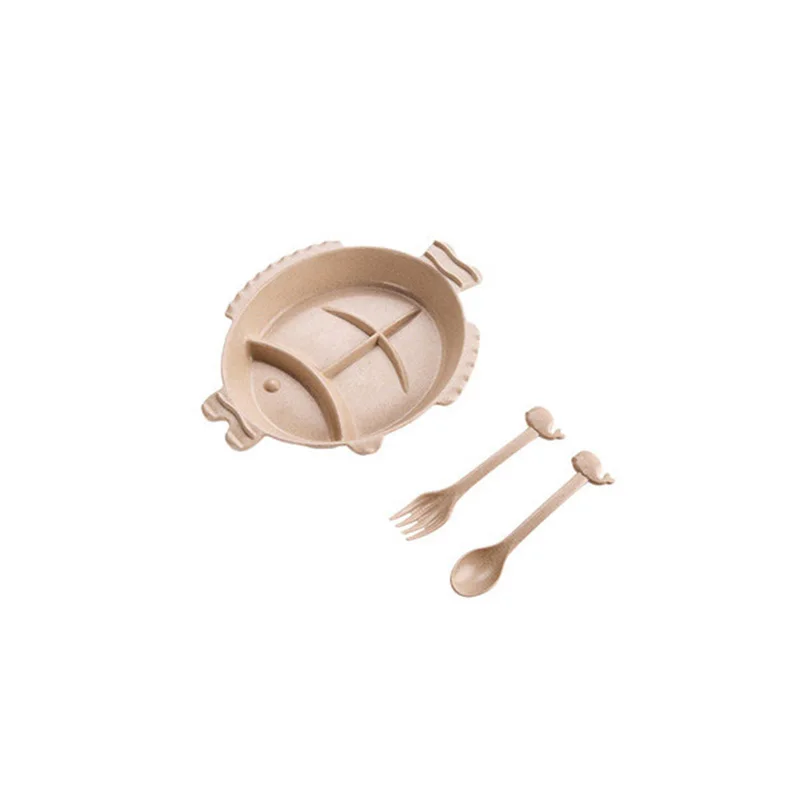 Beige 3 шт., бамбуковое волокно, детские блюда, мультяшная рыба, набор детской посуды для еды, Детская обучающая тарелка, ложка, вилка, детская посуда для кормления - Цвет: Beige