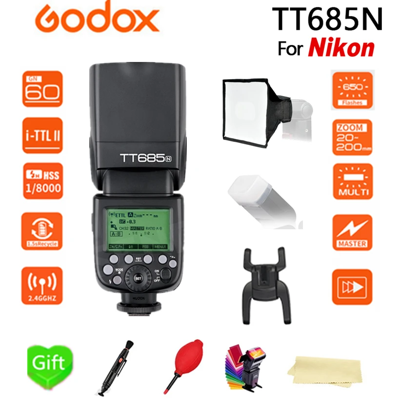 Godox TT685N 2 4G HSS 1/8000s i-TTL GN60 Беспроводная вспышка Speedlite Flash15 * 17 см софтбокс + цветной