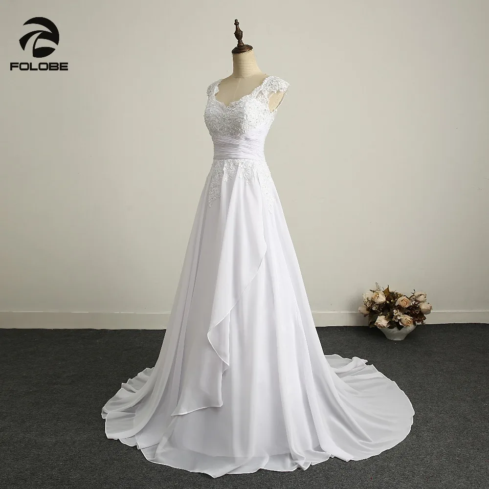 Простой v-образный вырез с бисером кружева Vestidos De Novia плиссированное платье с открытой спиной, шифоновое ТРАПЕЦИЕВИДНОЕ пляжное длинное платье Свадебные платья для женщин; Robe De Брак Свадебные платья