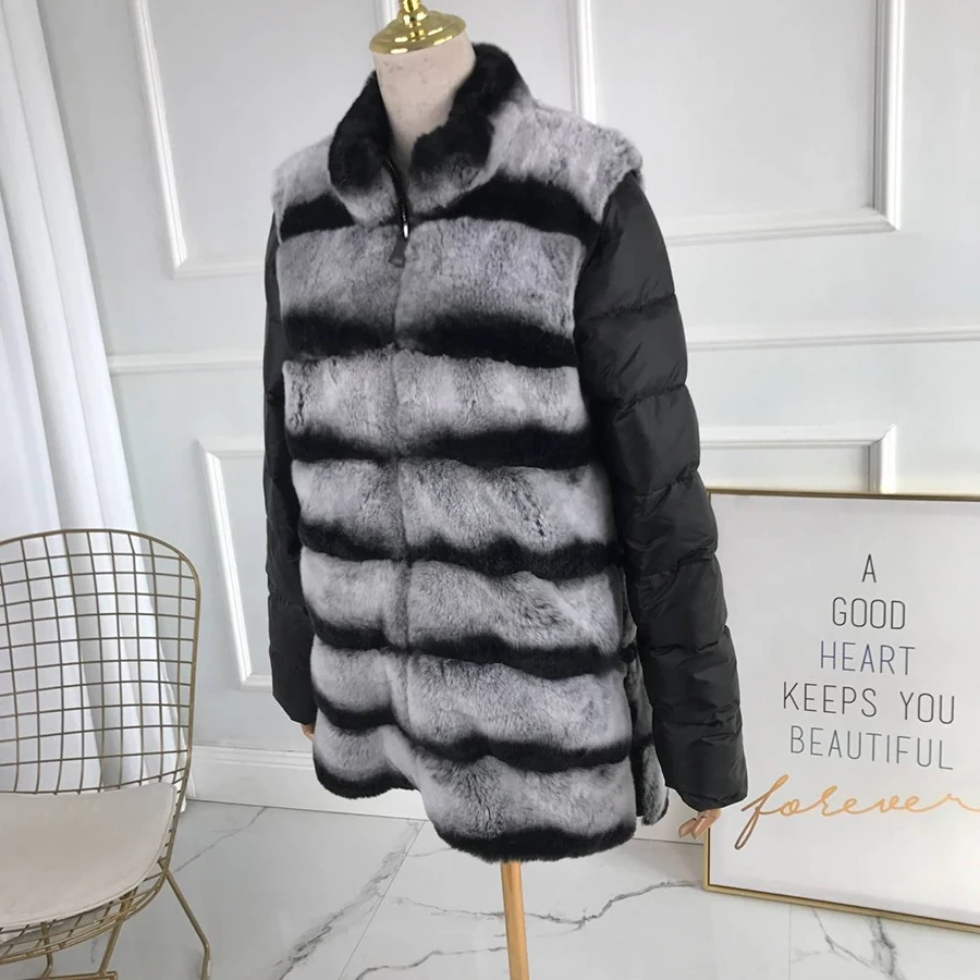 

women winter real rex Rabbit Fur coat hot sale Vest Waistcoat with zipper with down sleeves standing collar Chinchilla