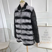 women winter real rex rabbit fur coat hot sale vest waistcoat with zipper with down sleeves standing collar chinchilla