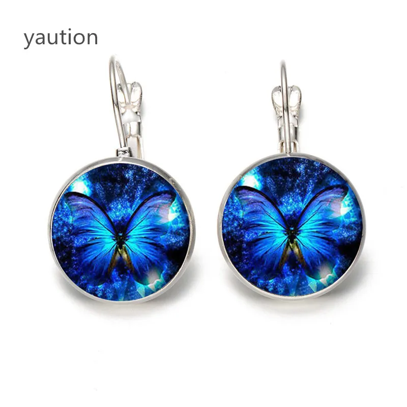 Серьги в виде синей бабочки Зеленая бабочка с кристаллами стеклянные