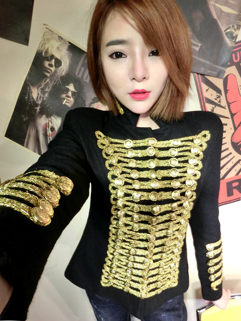 Women blazer fashion coats Military uniform court gold silk autumn and winter blazer ladies suits