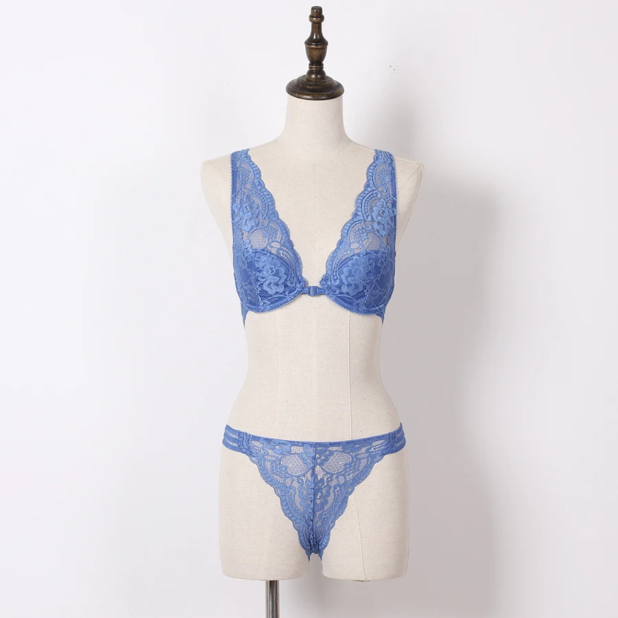 Front Closure Backless Bra Floral Lace Bra with Tong Set Underwear Women Lingerie Full Cup Deep Plunge Brassiere