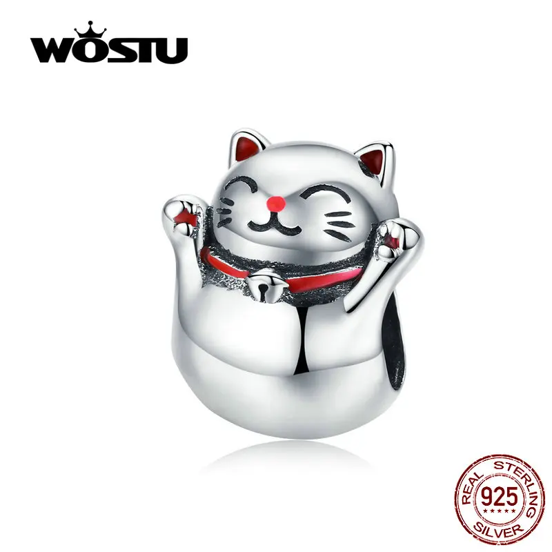 WOSTU S925 счастливые бусины кошка Шарм Подходит браслет Аутентичные серебряные бусины 925 пробы ювелирные изделия для женщин DXC1178