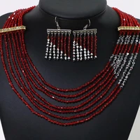 new arrival special design 7rows necklace earring for women tip red silver color glass crystal fashion costume jewelry set b1908