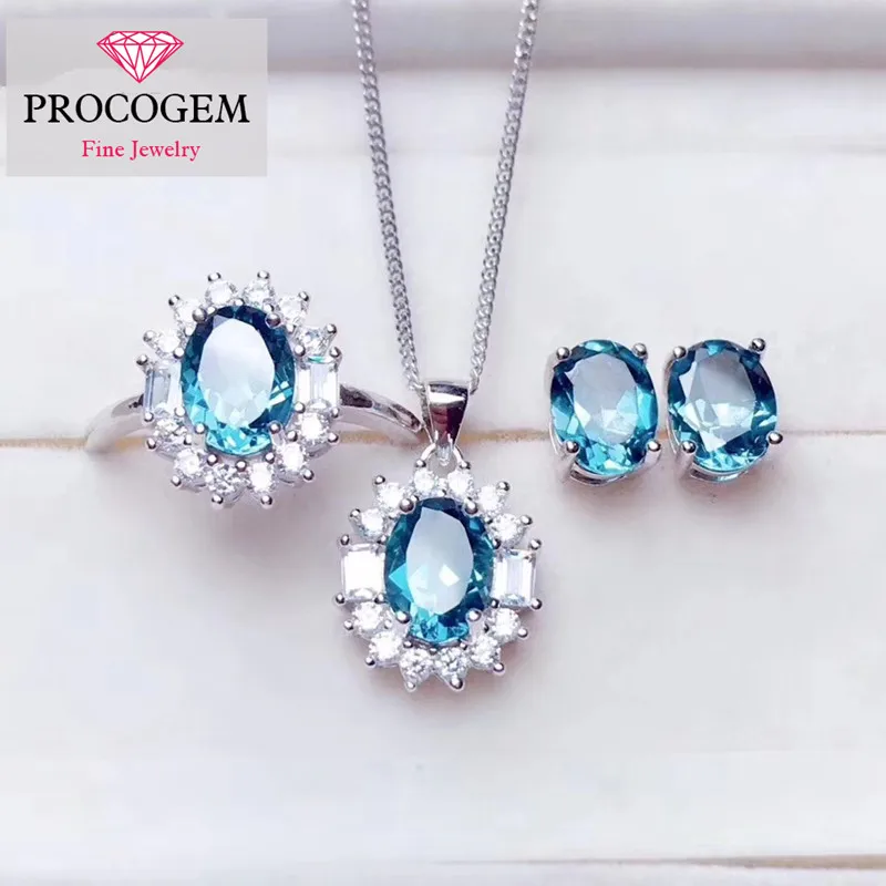 

Natural Blue Topaz Fine Jewelry sets for women girls Gift Genuine Gemstones with zircon Necklace Ring Earrings S925 silver #277