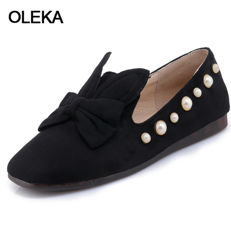 Oleka 2018 Newest Women Flats Square Toe Bow Tie Female Shoes Pearl Woman Plus Size 30-44 Black Red AC117 | Обувь
