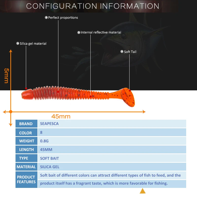SEAPESCA 5 шт. воблеры Мягкая приманка с хвостом червь Grubs 45 мм 0 8 г рыболовная Aritificial