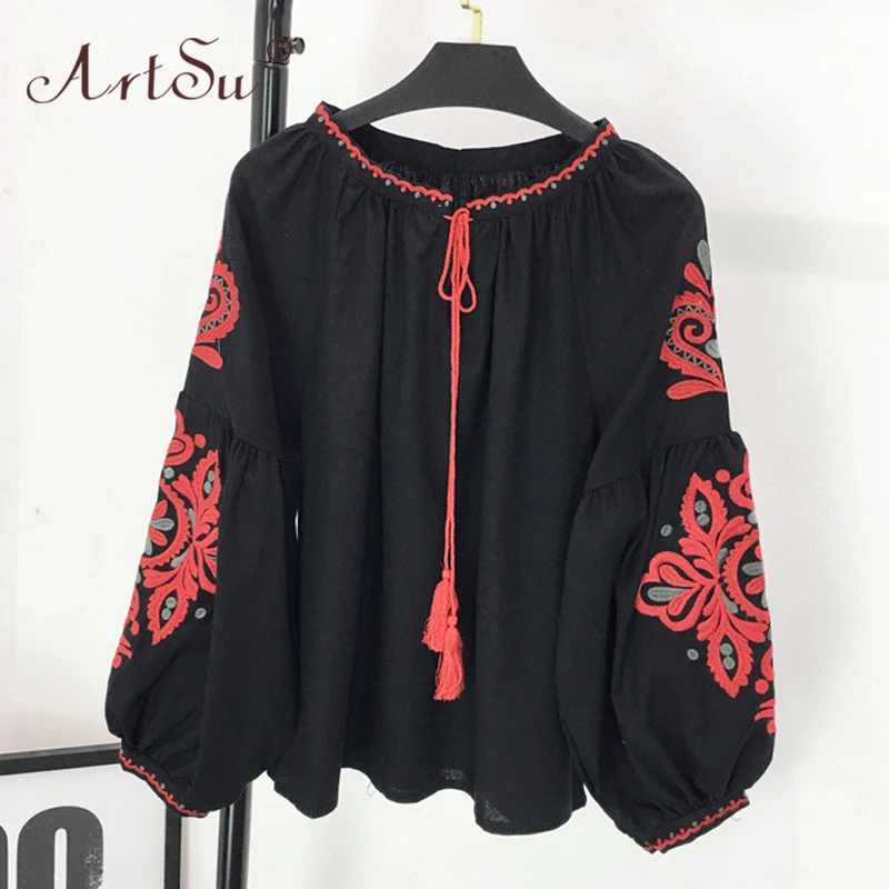 Z-Black 1 ArtSu богемные Этнические женские блузки, винтажные блузки с цветочной вышивкой, рубашки для женщин, с кисточками, с пышными рукавами, блузки, топы ASBL20164 - Цвет: Z-Black 1