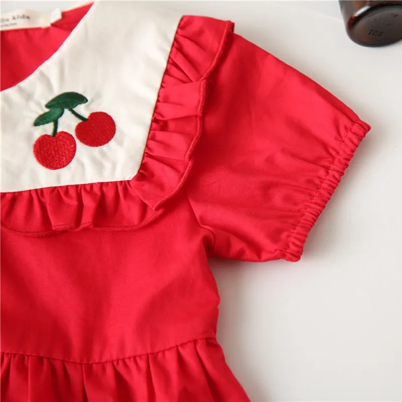 New 2019 Summer Girl Dresses Cotton Red Short Sleeve Cherry Embroidery Party Princess Dress Toddler Clothes Lovely Kids | Детская одежда