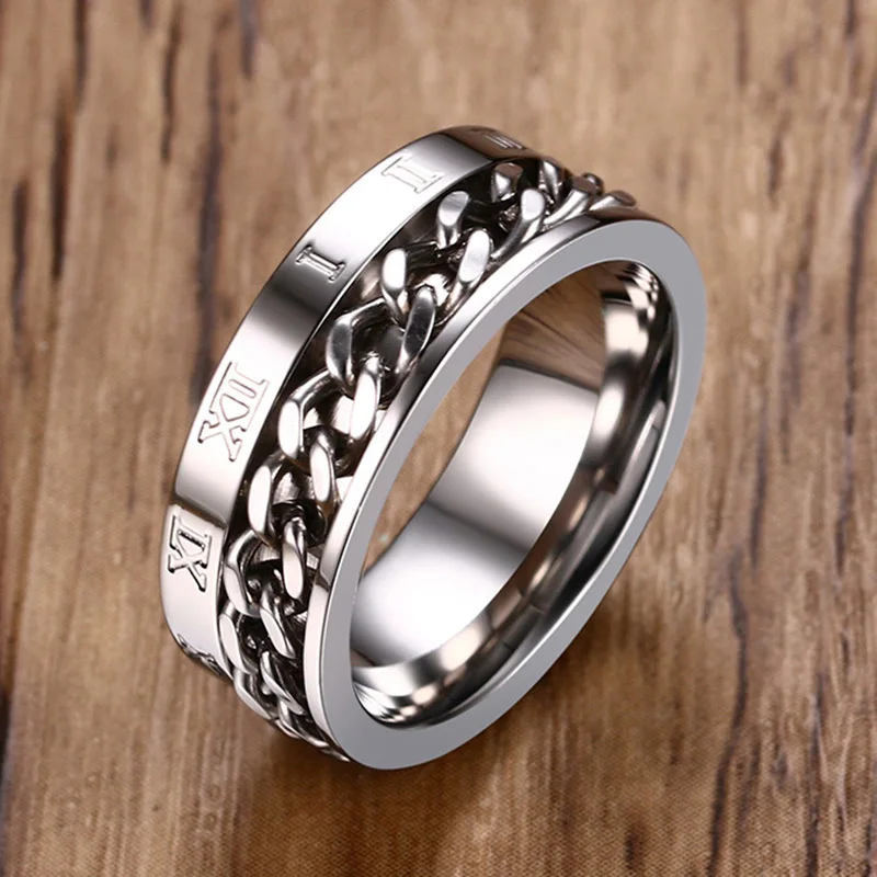 Silver Color Vnox Stylish Rotatable Curb Chain Ring for Men 8mm Stainless Steel Roman Numeral Band Male Punk Jewelry Anel Fraternal Rings - Цвет основного камня: Silver Color