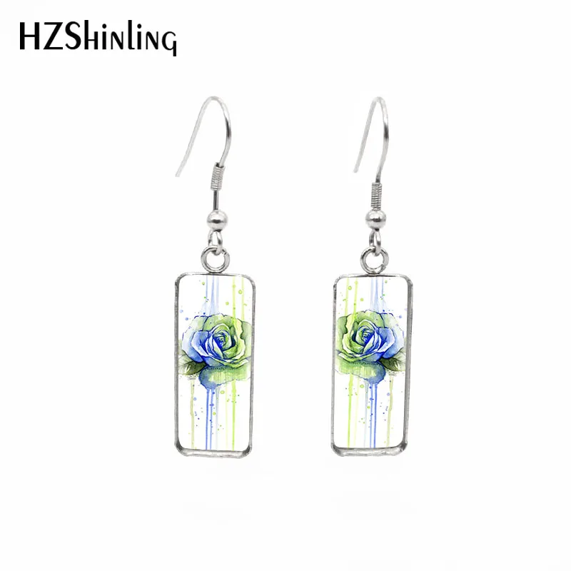 Прямоугольные серьги с красной розой романтичные Крючки в виде цветов и рыбок