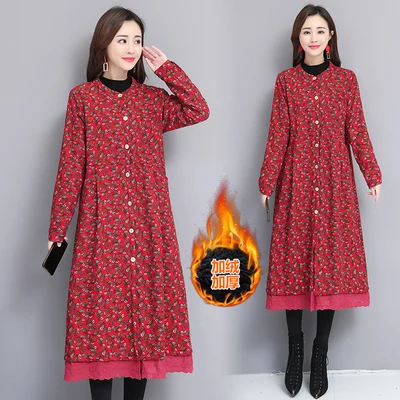 Red leaves Ретро Цветочный Хлопок Льняные куртки для женщин осень зима пальто большой размер среднего возраста длинный кардиган ветровка для женщин XA03 - Цвет: Red leaves