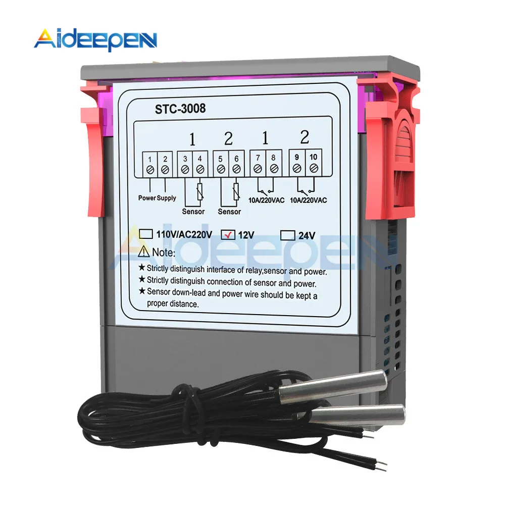 STC-3008 Led двойной дисплей двусторонний термостат DC 12 В красный и синий двойной зонд микро-контроллер температуры термометр