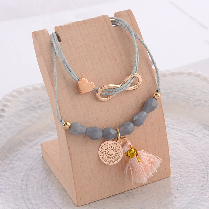 5 шт./компл. Boho Женская серая веревка бусины Цветы Сердце карта цифровая Геометрическая кисточка кулон золотой браслет-цепочка набор подарок любителю