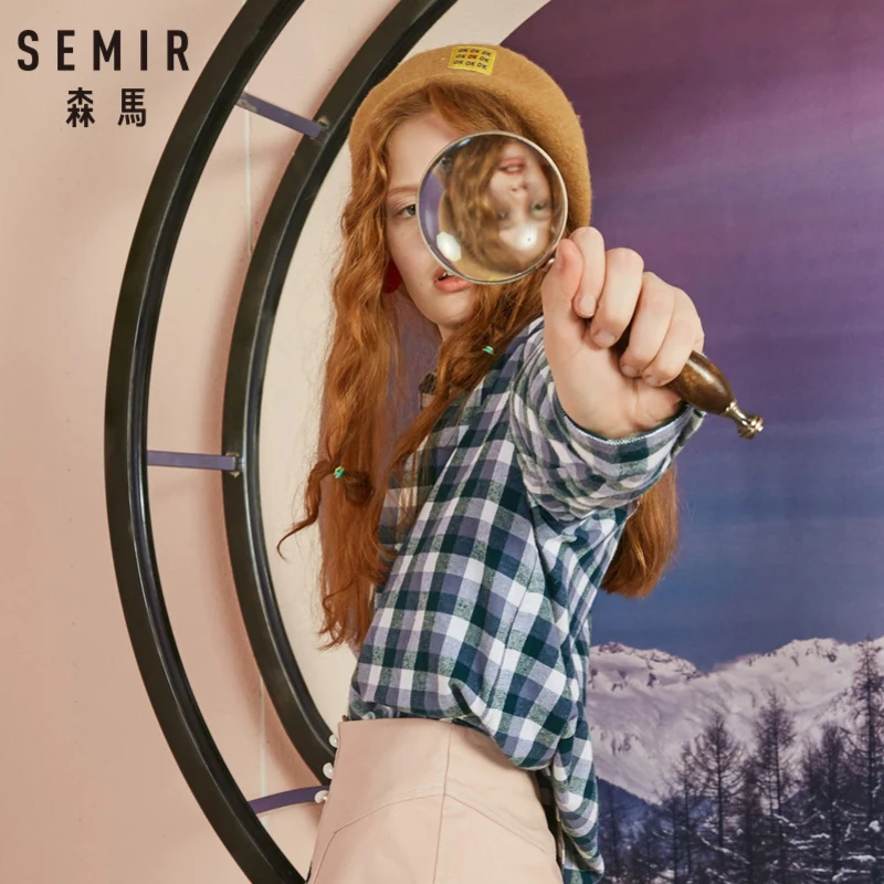 SEMIR Для женщин блузка 100% хлопковые обычной посадки Рубашки в клетку с воротником