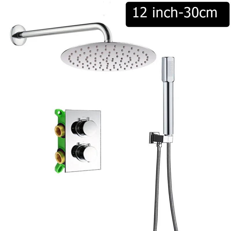12 inch Round Wall Потолочный 1" смеситель для душа в форме дождя набор Термостатический смеситель клапан смеситель для душа смеситель кран встроенный в коробку термостатический клапан - Цвет: 12 inch Round Wall