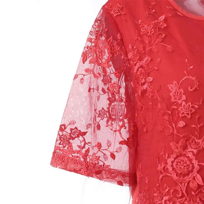 

Women Lace Knee-length Dress Round Neck Pencil Short Sleeve Stitching Dress