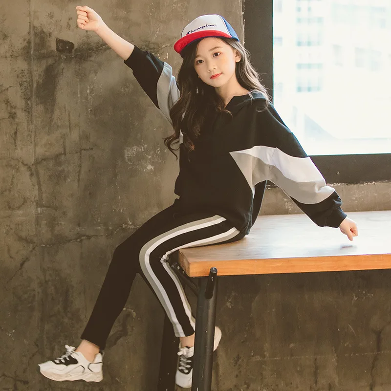 Fashion Girls Clothing Set Hooded Sport for Teenagers Striped Black Tracksuit Children Clothes 2019 Korean Kids | Мать и ребенок