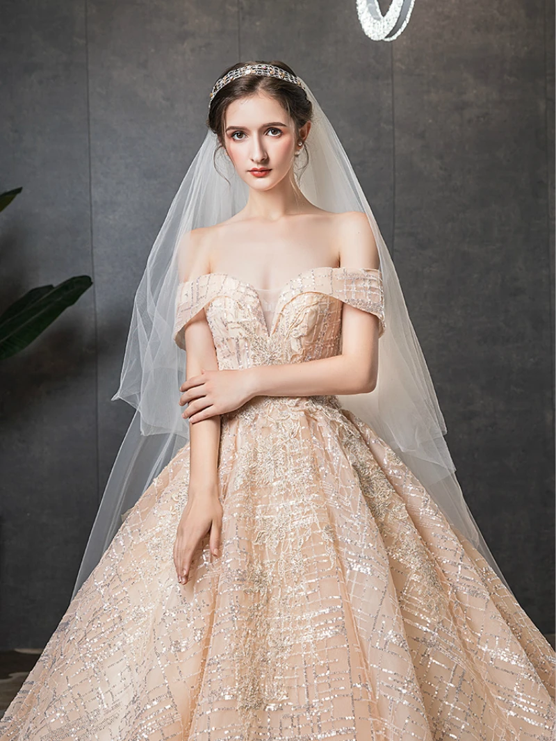 SSYFashion, новинка, роскошное свадебное платье, для невесты, замужней, цвета шампанского, с вырезом лодочкой, с блестками, со шлейфом, Длинные свадебные платья, Vestido De Noiva