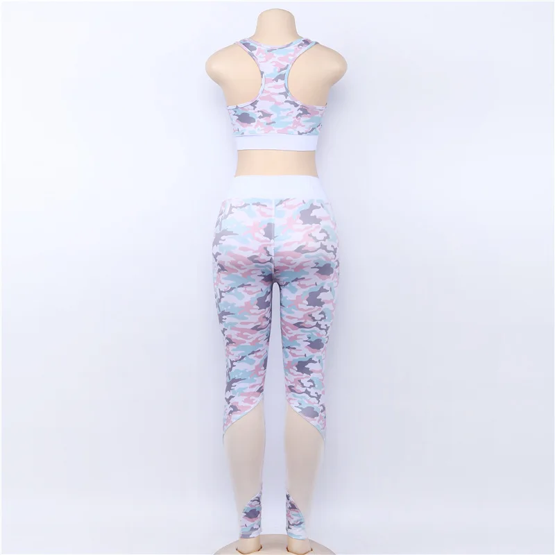 

2019 Women camouflag Fitness Clothing Suit Two Piece Sportswear Vest Pants Suits Crop Top Skinny mesh Legging Tracksuit