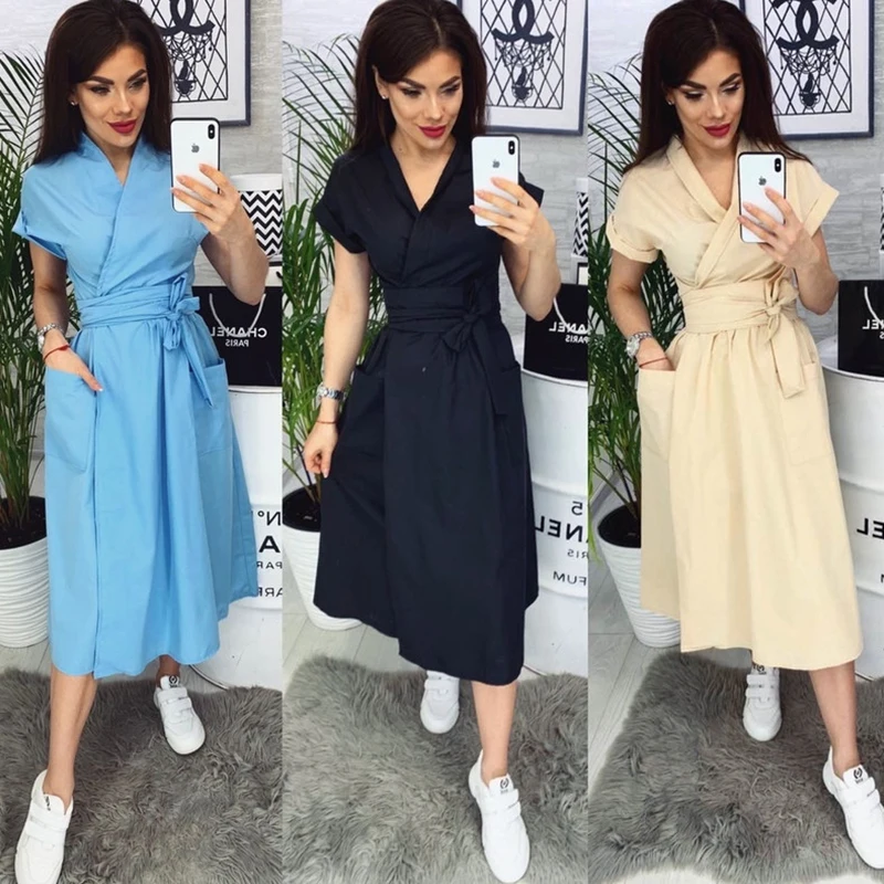 Женские винтажные однотонные ленты A Line Вечерние платья женские карманы короткий