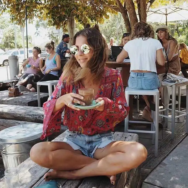 Женская пляжная блуза с длинным рукавом v образным вырезом и пуговицами на