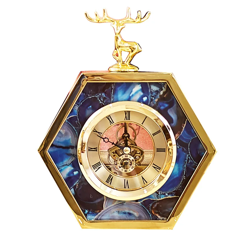 

Light Luxury European Gold Side Blue Agate Pattern Deer Table Clock Home Wine Cabinet Bedside Decorations Clock Ornaments