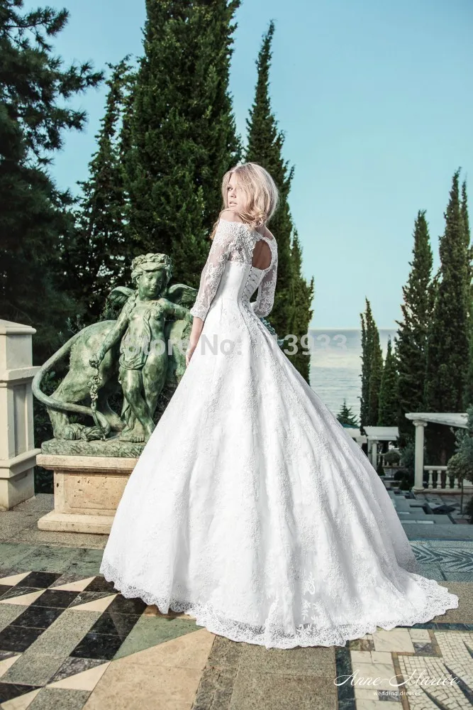 Second Wedding Dress Princess Floor-Length Court Train Lace Scoop Off The Shoulder Three Quarter Natural Up Built-In Bra Customi | Свадьбы и