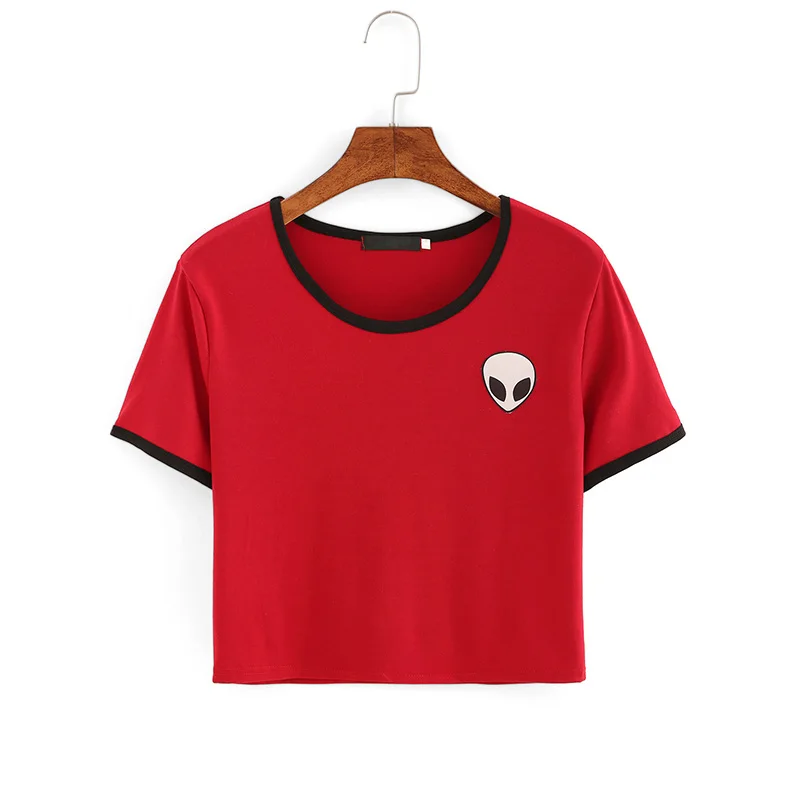 Red T-Shirt Милый 3D печать иностранцев укороченный топ новое летнее платье с О-образным вырезом короткий рукав Футболка для девушек Для женщин футболки Футболки для женщин, для девочек-подростков - Цвет: Red T-Shirt