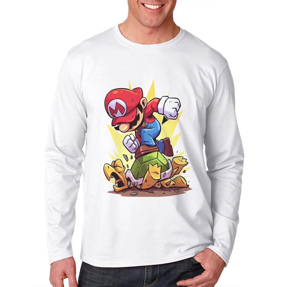 

New Sale Men T-Shirt Mario Printing Funny T Shirts Long Sleeve Casual Fashion Tops Mens Clothing 100 Cotton Tees Shirt For Man