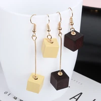 wooden brown light yellow cubic hoop pendant long short asymmetrical stick golden stud earrings for women