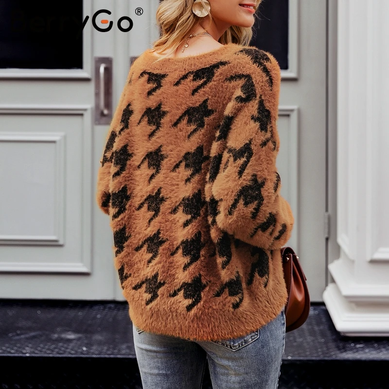 BerryGo Houndstooth mohair knitted sweater women Casual soft winter pullovers female jumper O-neck autumn ladies sweaters 2019 | Женская