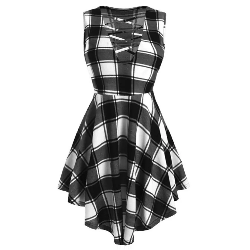 Женское клетчатое платье на бретельках свободное Повседневное большого размера