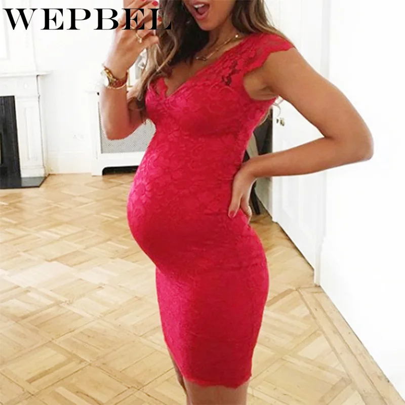 WEPBEL New Vogue Lacework Stitching Pregnant Women V-neck Maternity Midi Dress Mom Plus Size Slim Comfortable Dresses | Мать и ребенок