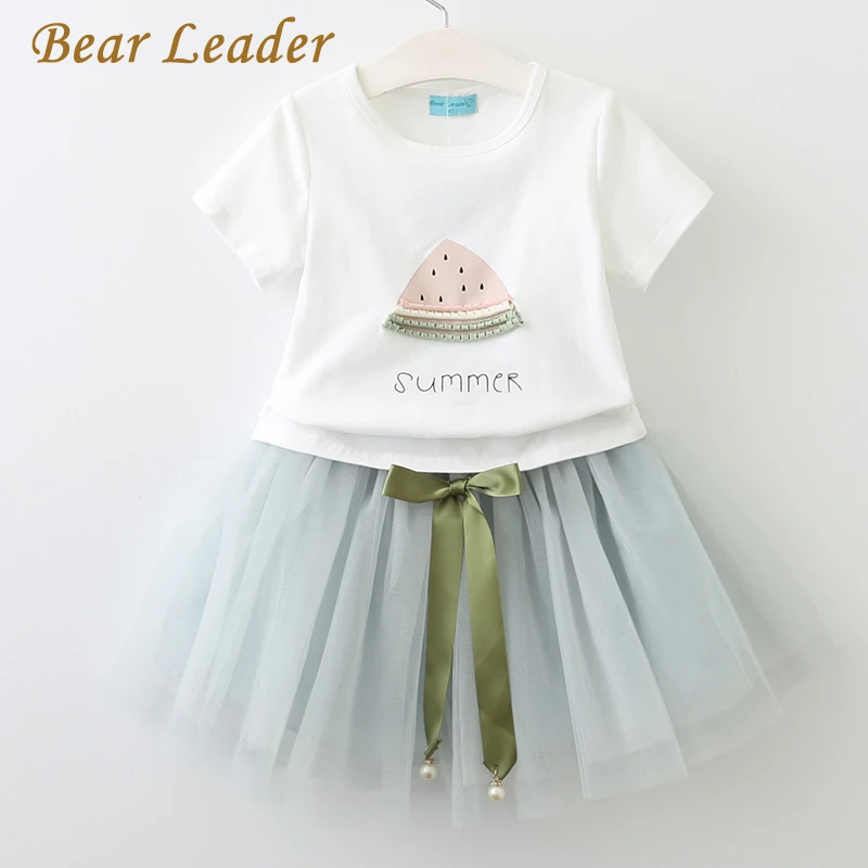 Bear leader/платье для девочек коллекция года, Повседневная летняя стильная одежда для девочек белая кружевная футболка без рукавов+ платье для девочек комплект детской одежды из 2 предметов