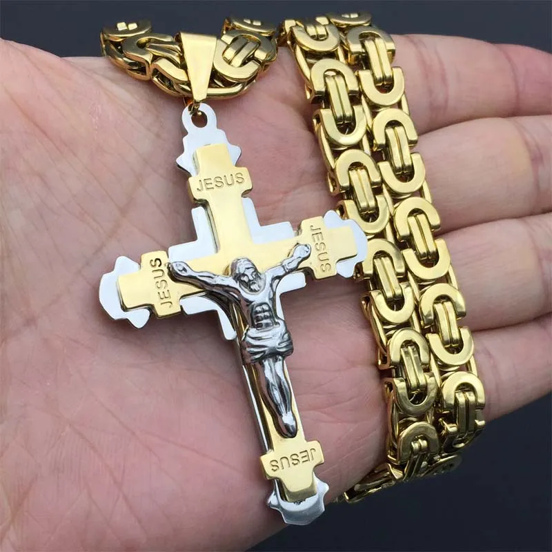 1pcs Exquisite Crucifix Jesus Cross Necklace Stainless Steel Christs Pendant Gold Byzantine Chain Men Necklaces Jewelry Gifts 24 | Украшения