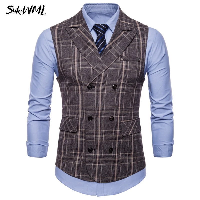 SUKIWML Coletes Masculino Social 2018 Новый клетчатый двубортный жилет приталенный мужской