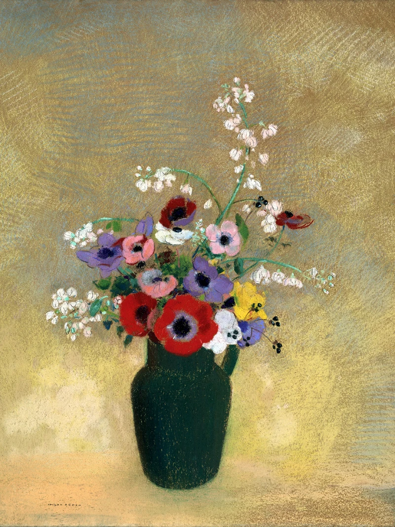 

Flowers canvas painting vintage style classical still life Large Green Vase with Mixed Flowers By: Odilon Redon