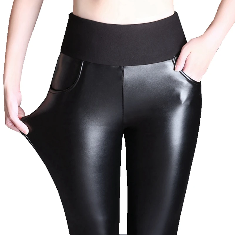 Фото Модные новые бархатные женские брюки из плотной искусственной кожи с высокой