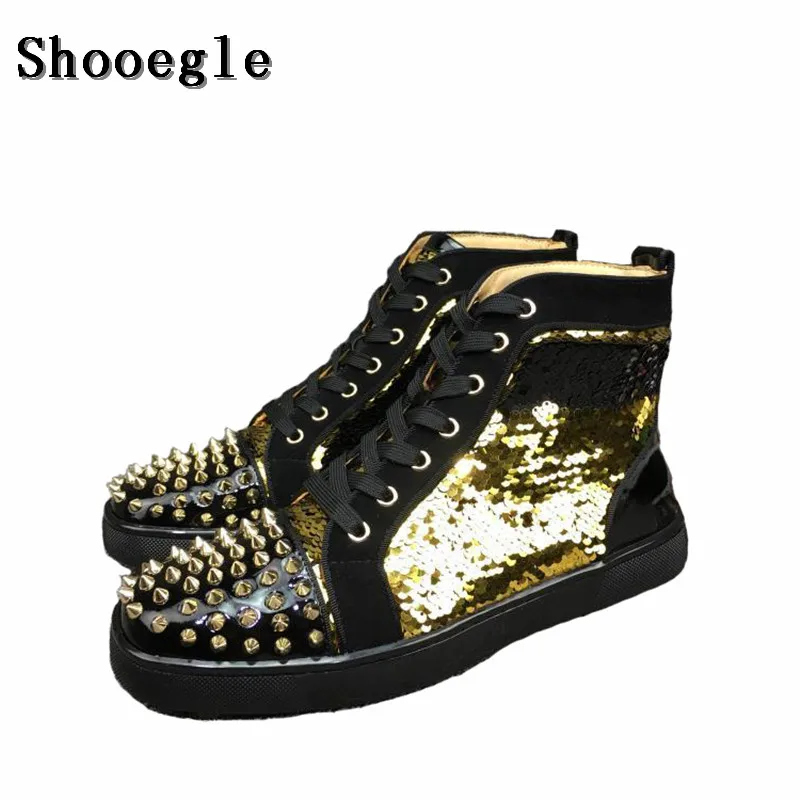SHOOEGLE/Новинка Мужская обувь с заклепками и блестками Модные мужские кроссовки